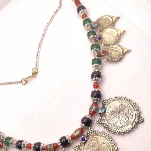 Vintage Coins With Beaded Chain Choker Necklace, Tribal Coins Choker Necklace, - Picture 6 of 6